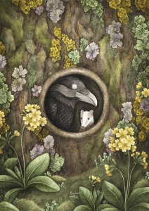 ILUSTRACJA KRUK I BORSUK WYGLĄDAJĄ PRZEZ DZIUPLOWE OKIENKO